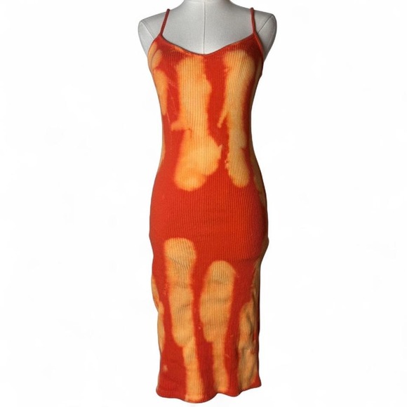 Orange Tie-Dye Bodycon Mini Dress Spaghetti Straps Stretchy Fit Rave Energy - Picture 3 of 6